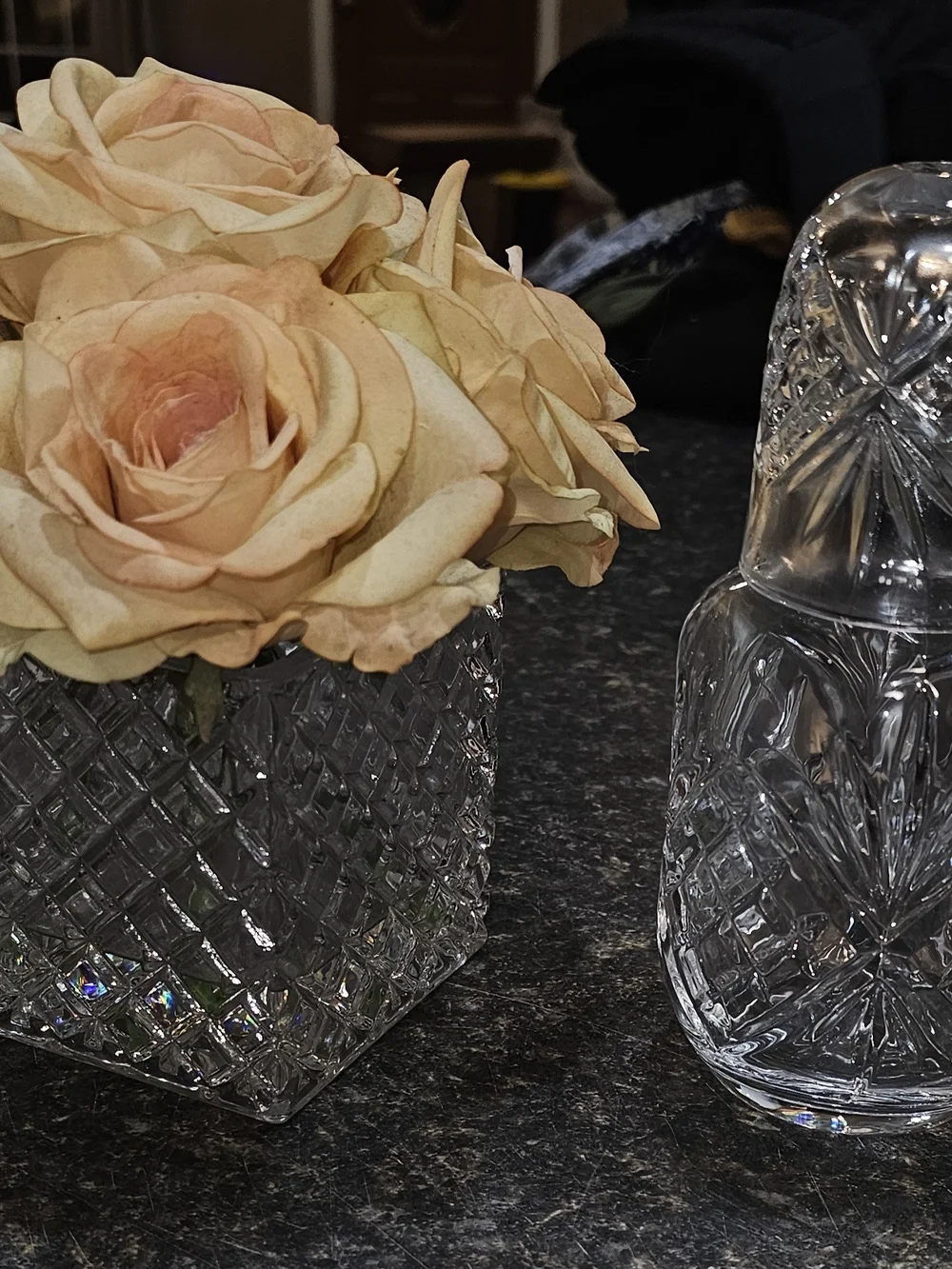 Cut Crystal Square Vase with Peach Rose And Crystal Bedside Water Bottle W/Lid
